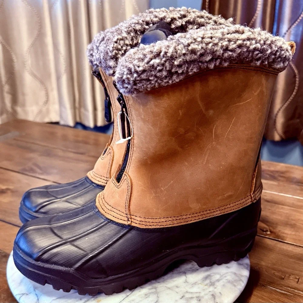 NEW! Men Sz 11 Tom McCan Thermolite Waterproof Zip Boots Brown Leather Shearling